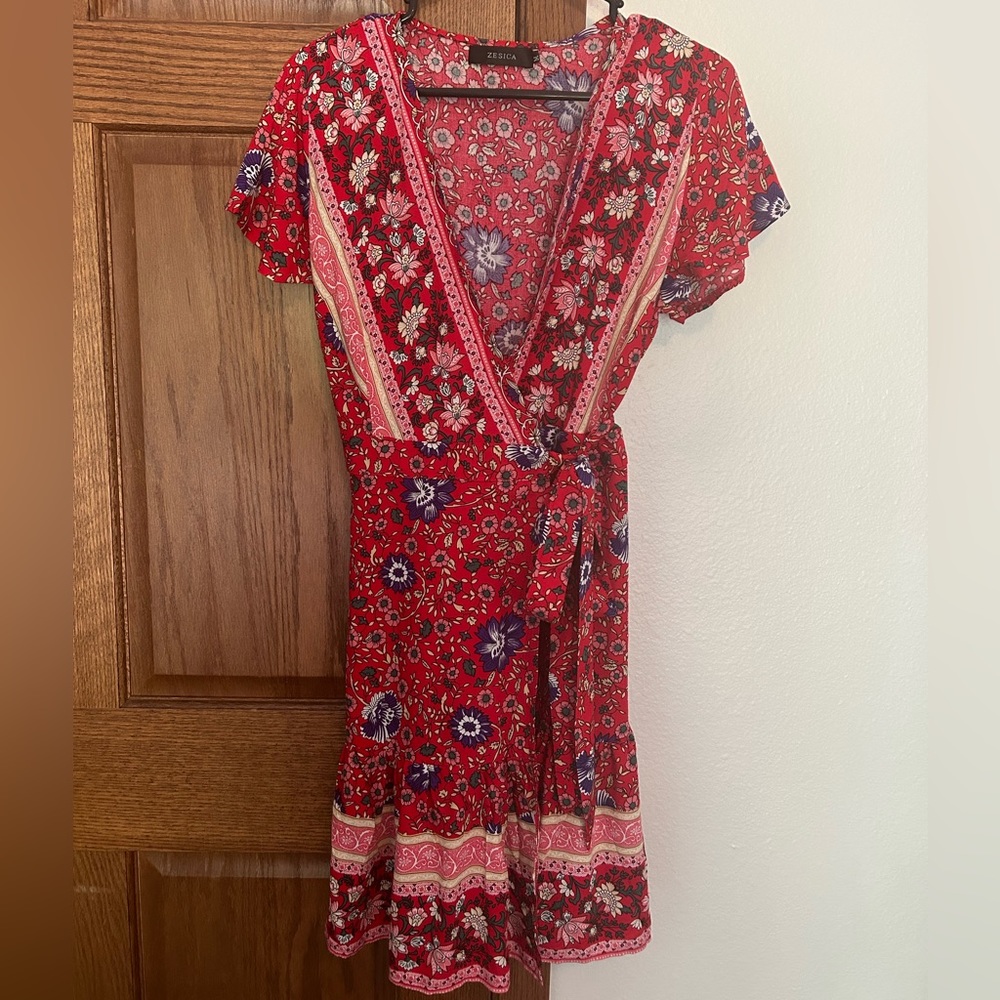 ZESICA Women's Wrap Bohemian Floral Print Mini Dress